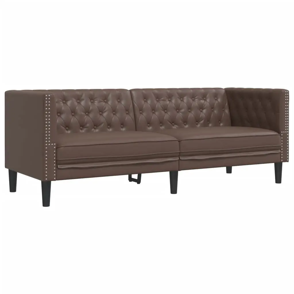 2 Piece Brown Faux Leather Chesterfield Sofa Set Button Tufted Living Room Suite