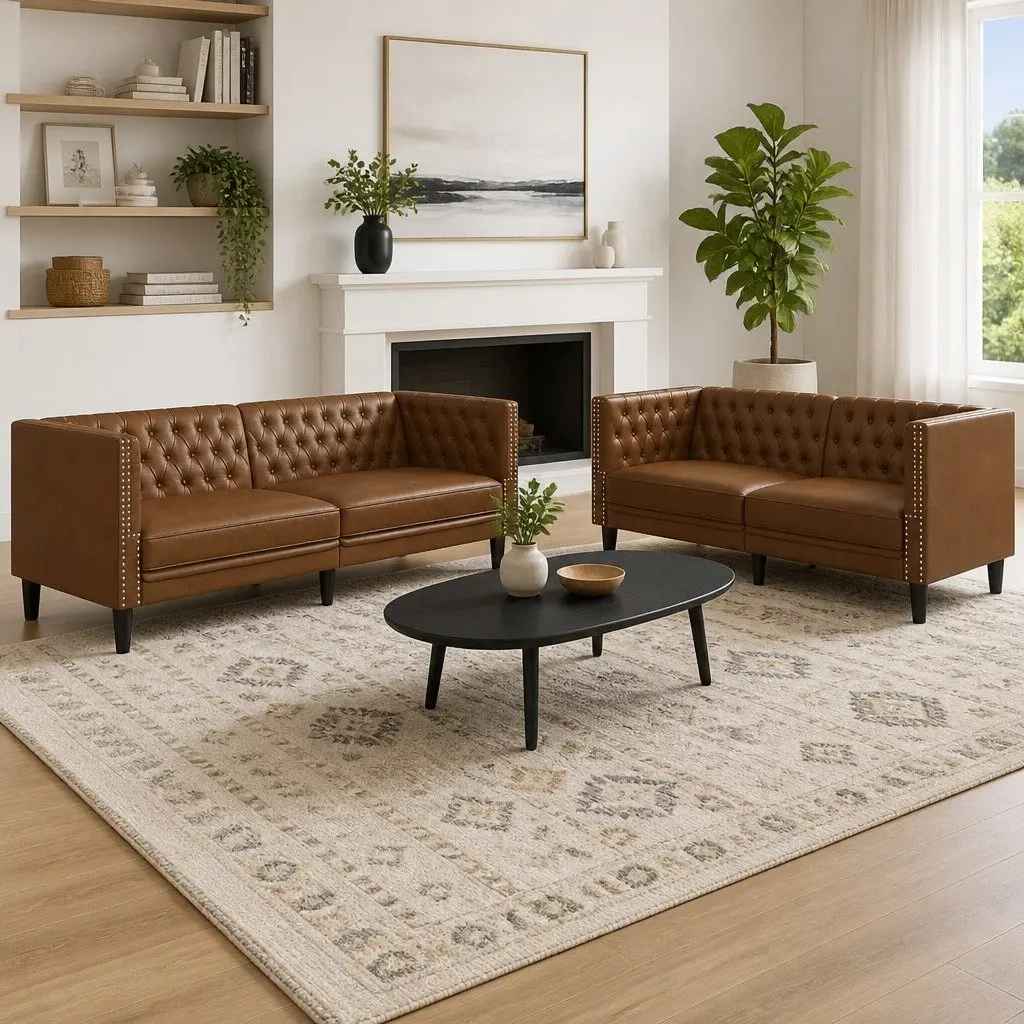 Chesterfield Sofa Set Faux Suede Leather 2 Piece Brown Button Tufted