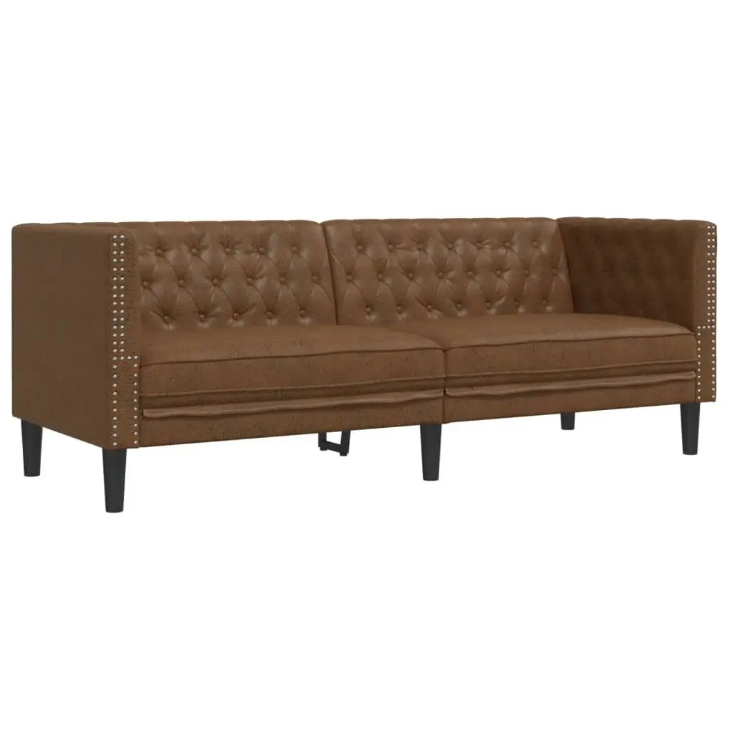 Chesterfield Sofa Set Faux Suede Leather 2 Piece Brown Button Tufted
