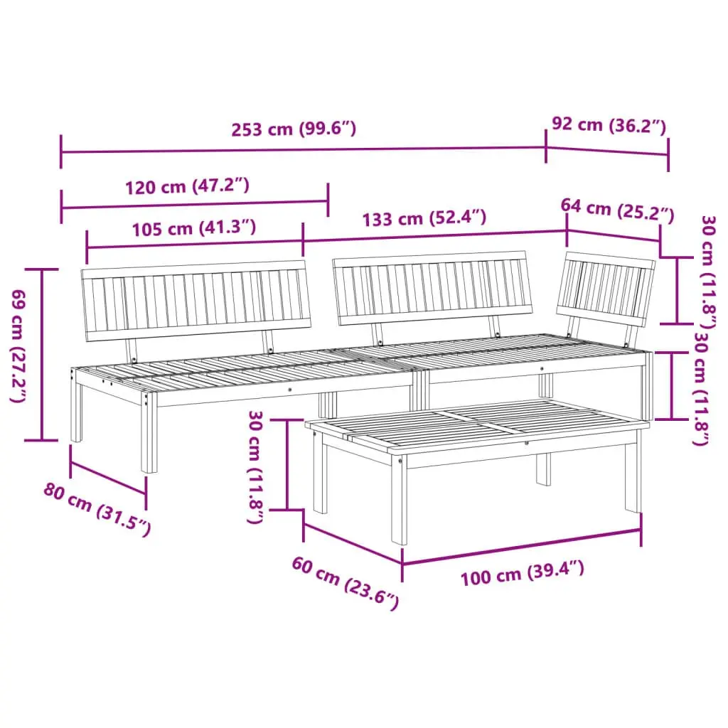 Outdoor Sectional Sofa Set 3 Piece Garden Pallet Furniture Solid Wood Acacia