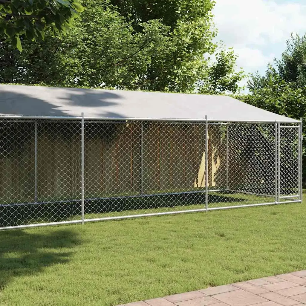Dog Kennel Galvanised Steel 8x2x2m Grey Outdoor Cage with Roof and Lockable Door