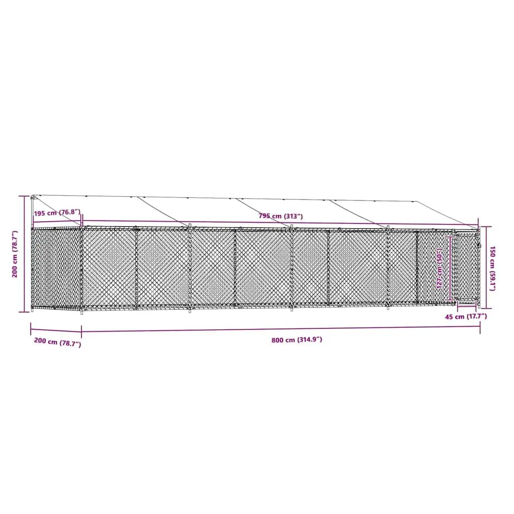 Dog Kennel Galvanised Steel 8x2x2m Grey Outdoor Cage with Roof and Lockable Door