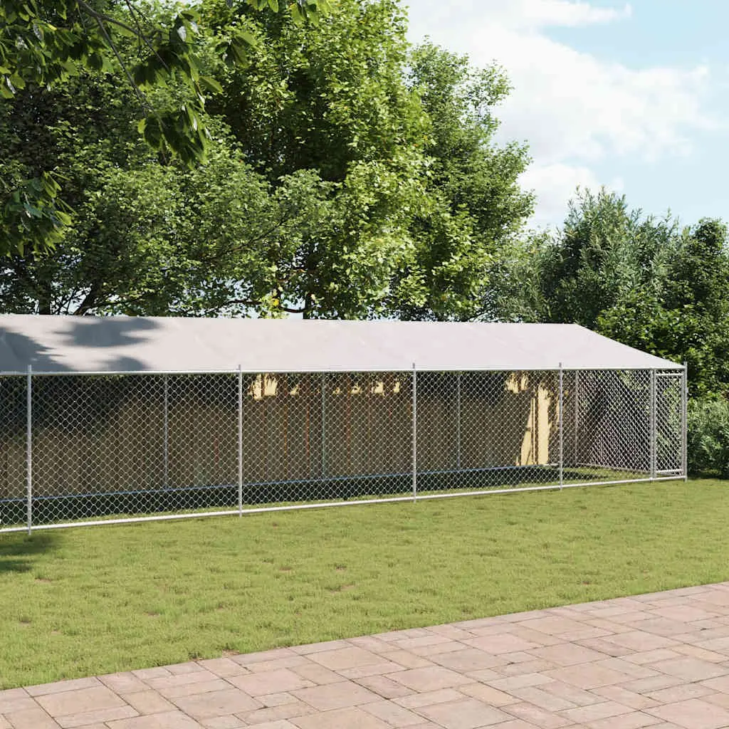 Dog Kennel Galvanised Steel 12x2x2m Grey Outdoor Cage with Roof and Door