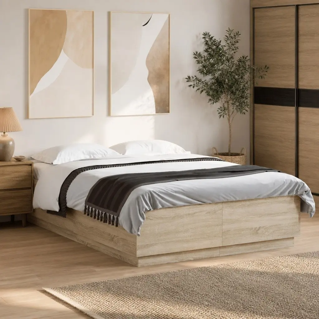 Bed Frame with RGB LED Lights Sonoma Oak 150x200cm Slatted Base Brown