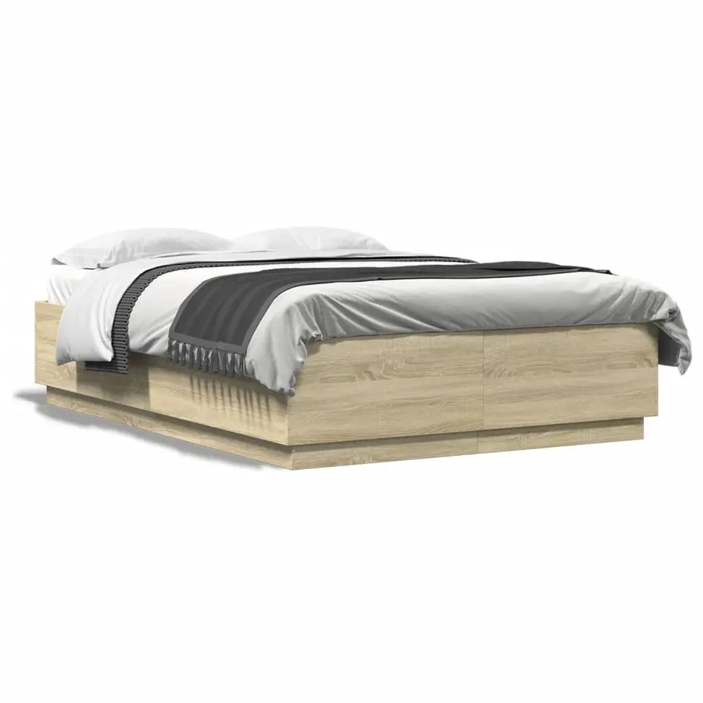 Bed Frame Engineered Wood 150x200cm Brown with RGB LED Lights Slatted Base