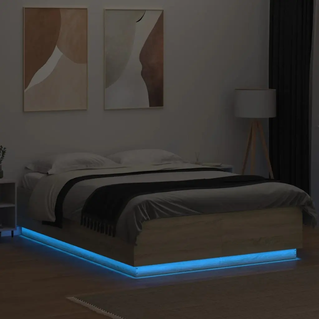 Bed Frame Engineered Wood 150x200cm Brown with RGB LED Lights Slatted Base
