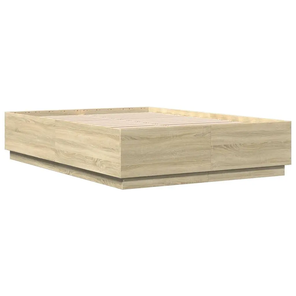 Bed Frame Engineered Wood 150x200cm Brown with RGB LED Lights Slatted Base