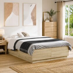 Bed Frame 135x190 cm Brown Engineered Wood Modern Slatted Base Bedroom Furniture