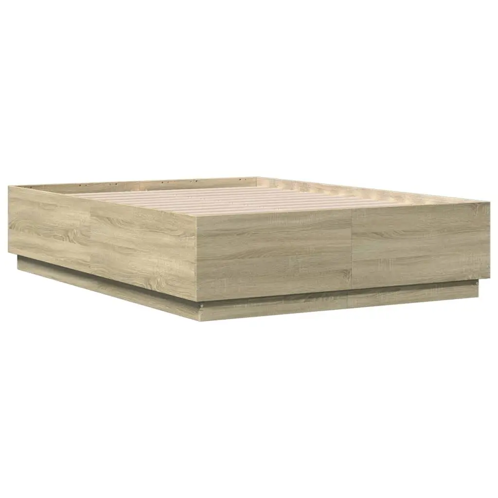Bed Frame 135x190 cm Brown Engineered Wood Modern Slatted Base Bedroom Furniture