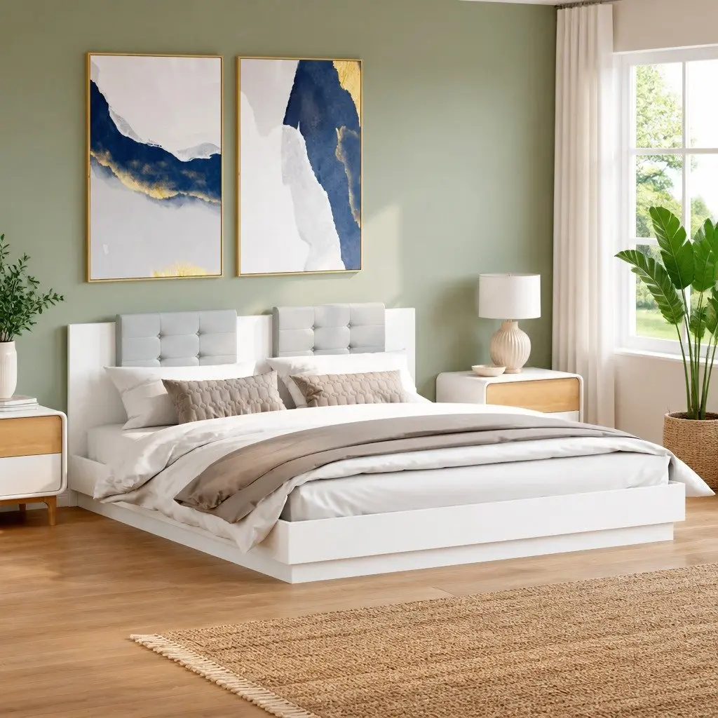 King Bed Frame with Headboard Engineered Wood White 183x203cm Plywood Slats