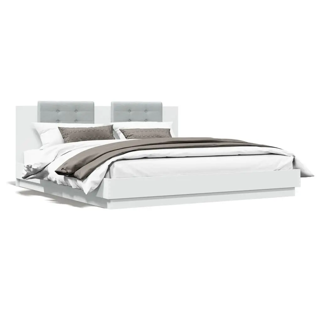 King Bed Frame with Headboard Engineered Wood White 183x203cm Plywood Slats