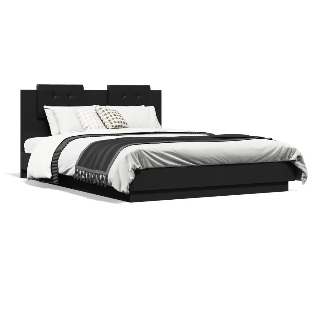 Bed Frame Engineered Wood Black 150x200 cm with Headboard Plywood Slats