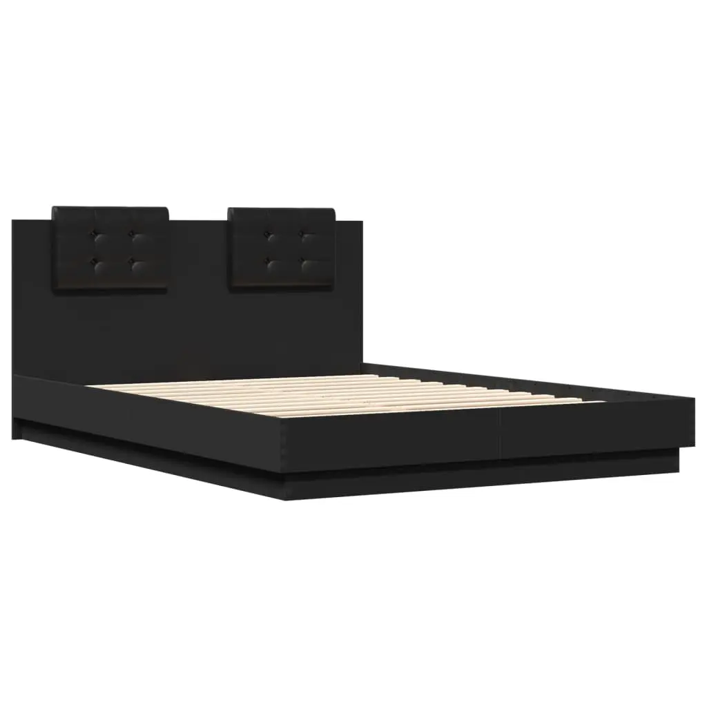 Bed Frame Engineered Wood Black 150x200 cm with Headboard Plywood Slats