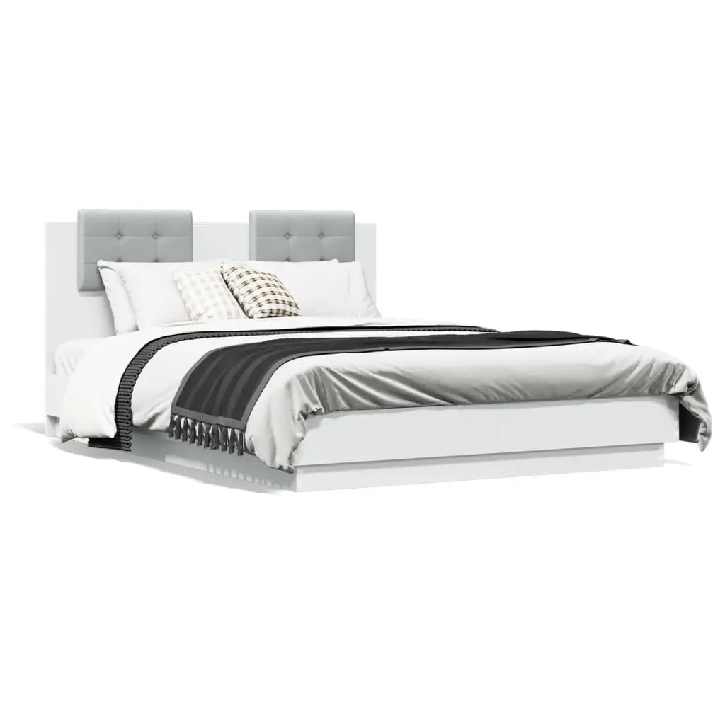 White Bed Frame with Headboard 135x190 cm Engineered Wood Slatted Base