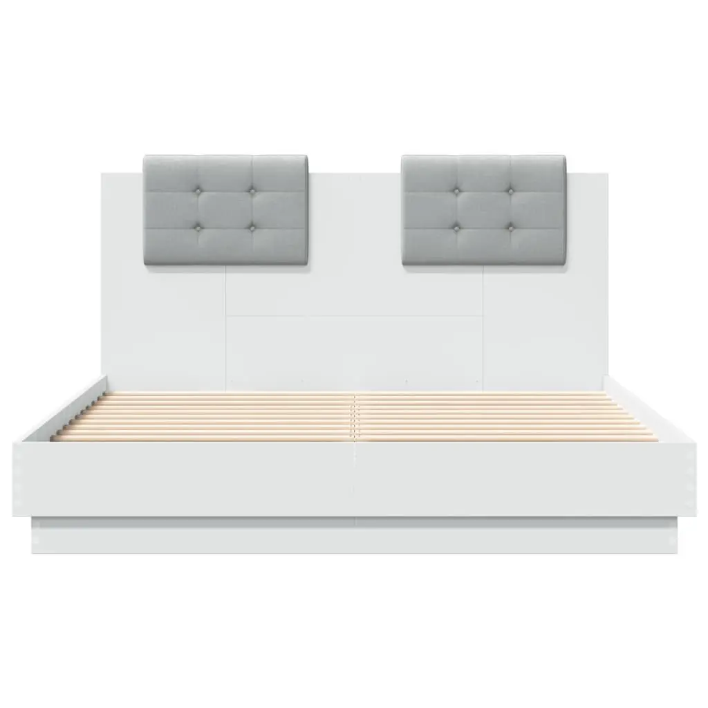 White Bed Frame with Headboard 135x190 cm Engineered Wood Slatted Base
