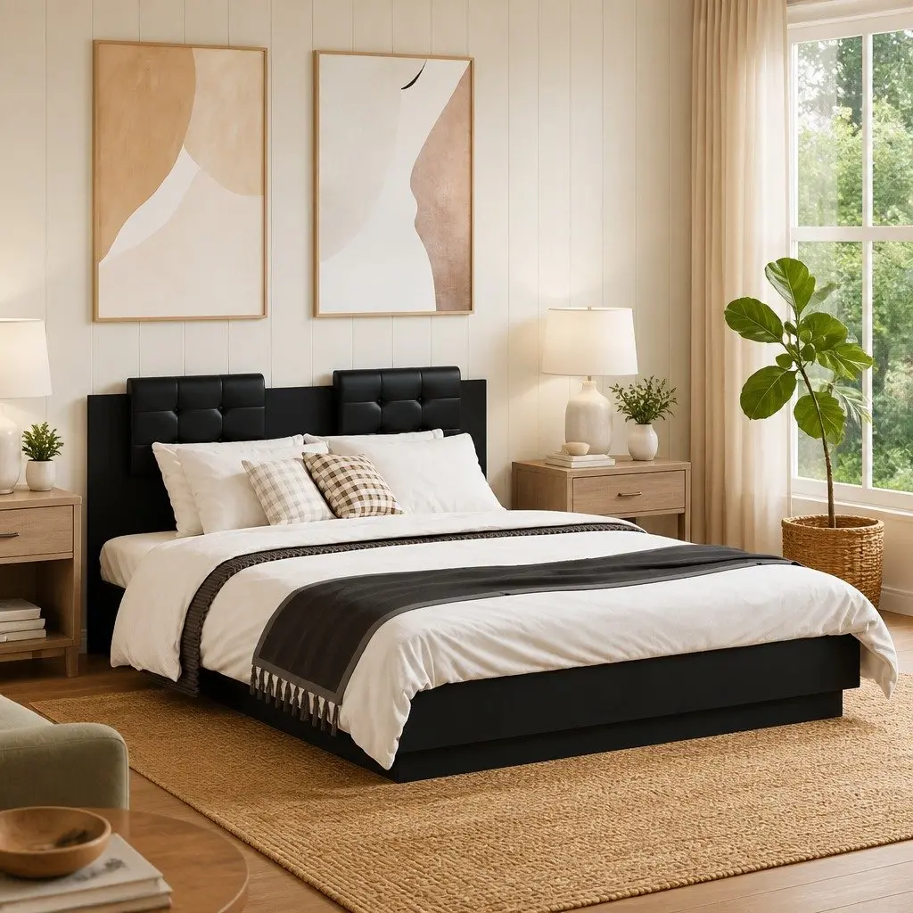 Bed Frame Engineered Wood 135x190 cm Black with Headboard and Plywood Slats