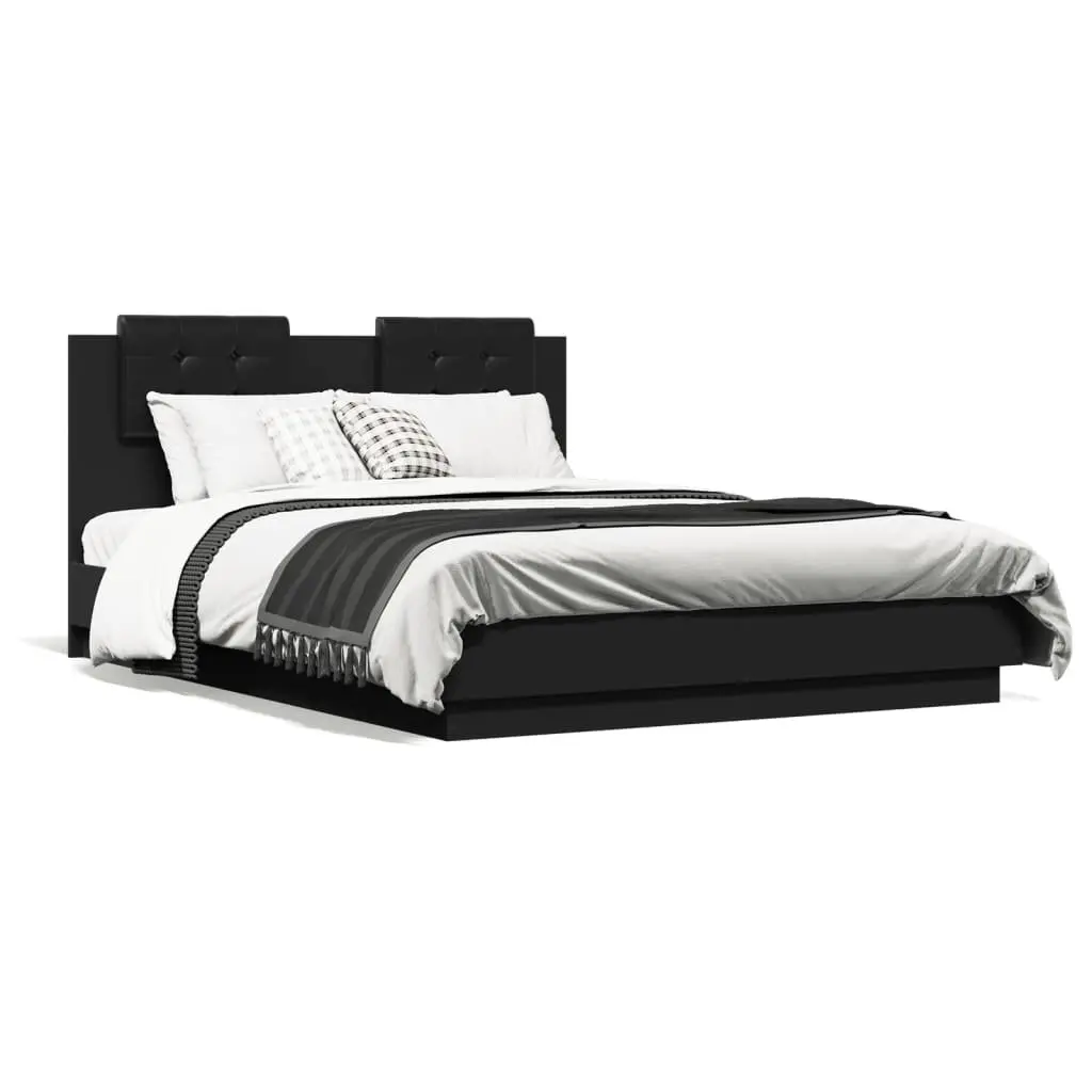 Bed Frame Engineered Wood 135x190 cm Black with Headboard and Plywood Slats
