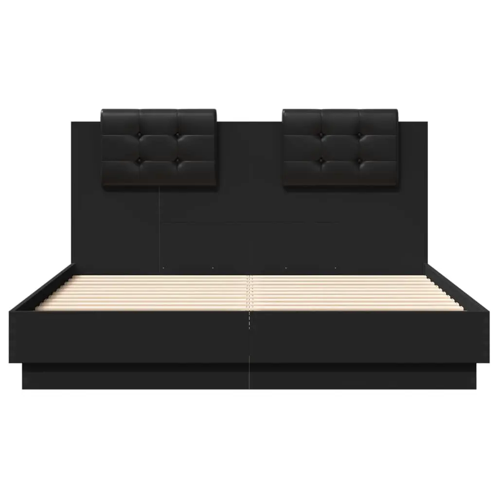 Bed Frame Engineered Wood 135x190 cm Black with Headboard and Plywood Slats