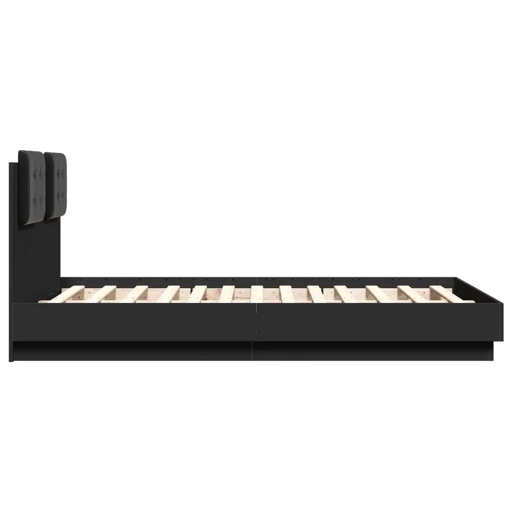 Bed Frame Engineered Wood 135x190 cm Black with Headboard and Plywood Slats