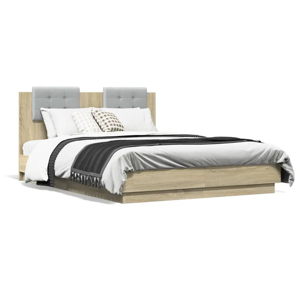 Sonoma Oak Bed Frame 135x190 cm with Slatted Base and Headboard Engineered Wood Structure for Bedroom Furniture