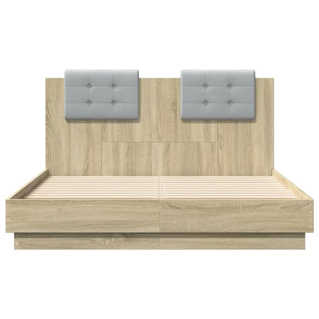 Sonoma Oak Bed Frame 135x190 cm with Slatted Base and Headboard Engineered Wood Structure for Bedroom Furniture