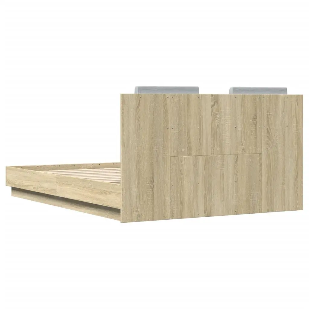 Sonoma Oak Bed Frame 135x190 cm with Slatted Base and Headboard Engineered Wood Structure for Bedroom Furniture