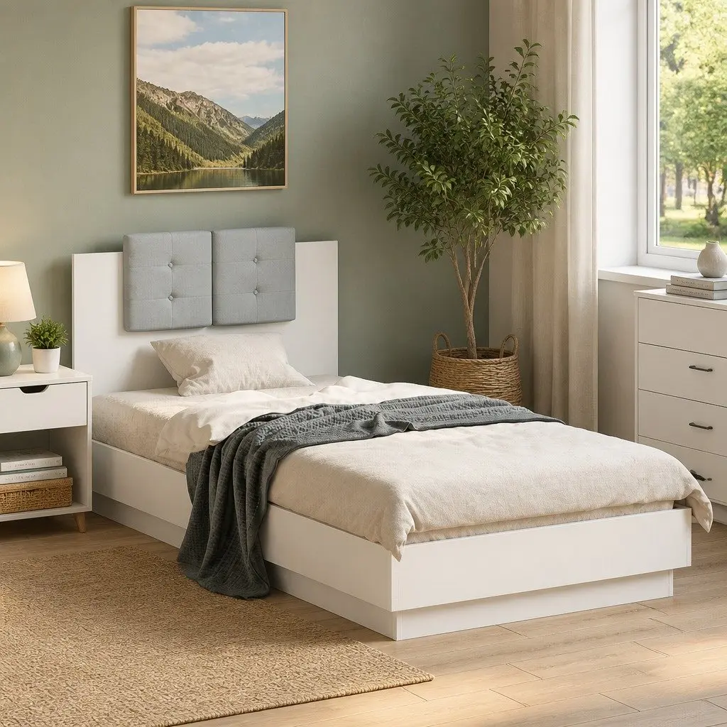 Bed Frame Engineered Wood 90x190cm White Slatted Base with Foam Headboard