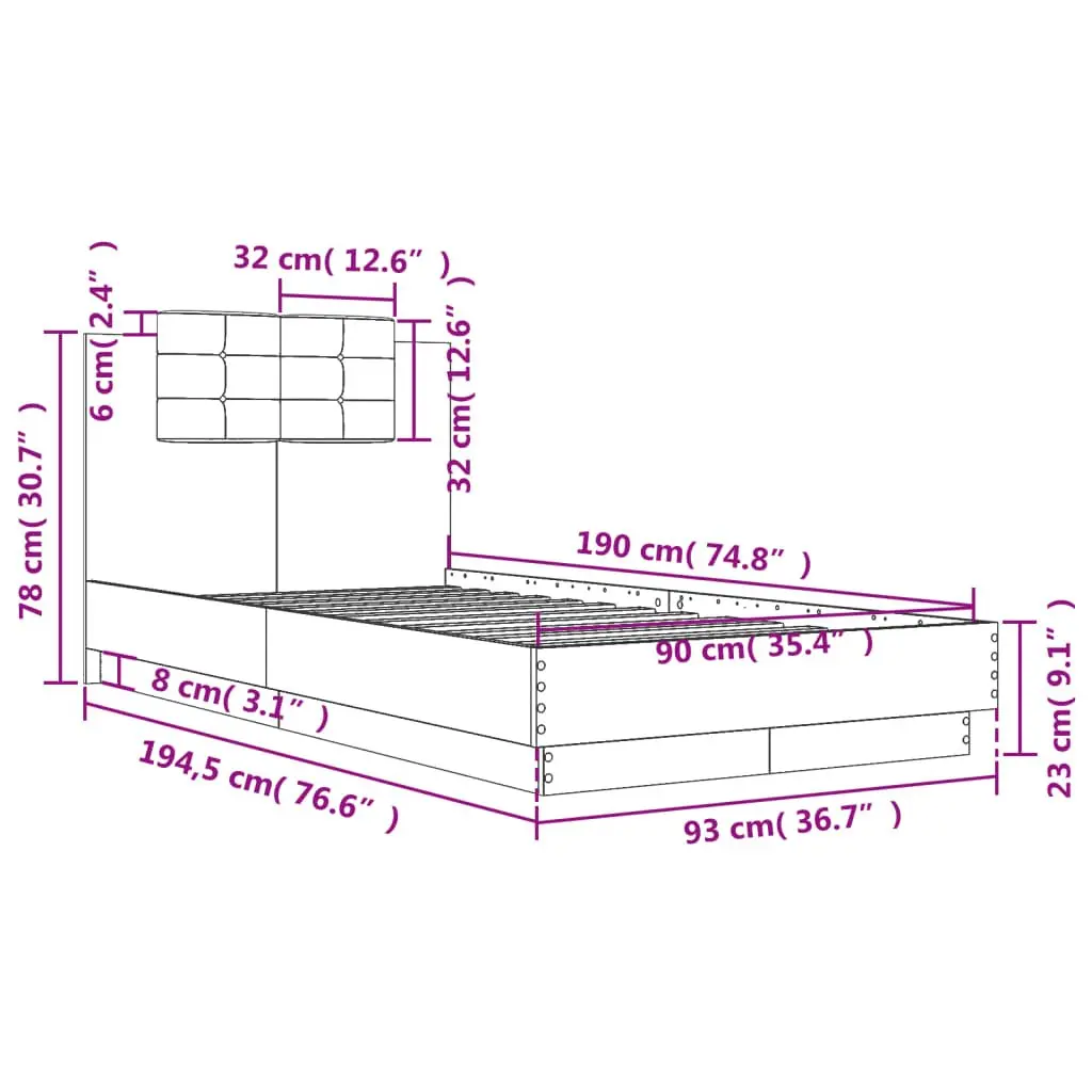Bed Frame Engineered Wood 90x190cm White Slatted Base with Foam Headboard