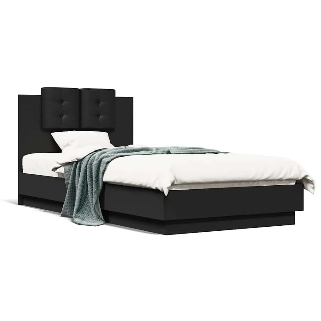 Bed Frame Engineered Wood 90x190 cm Black with Headboard and Slatted Base