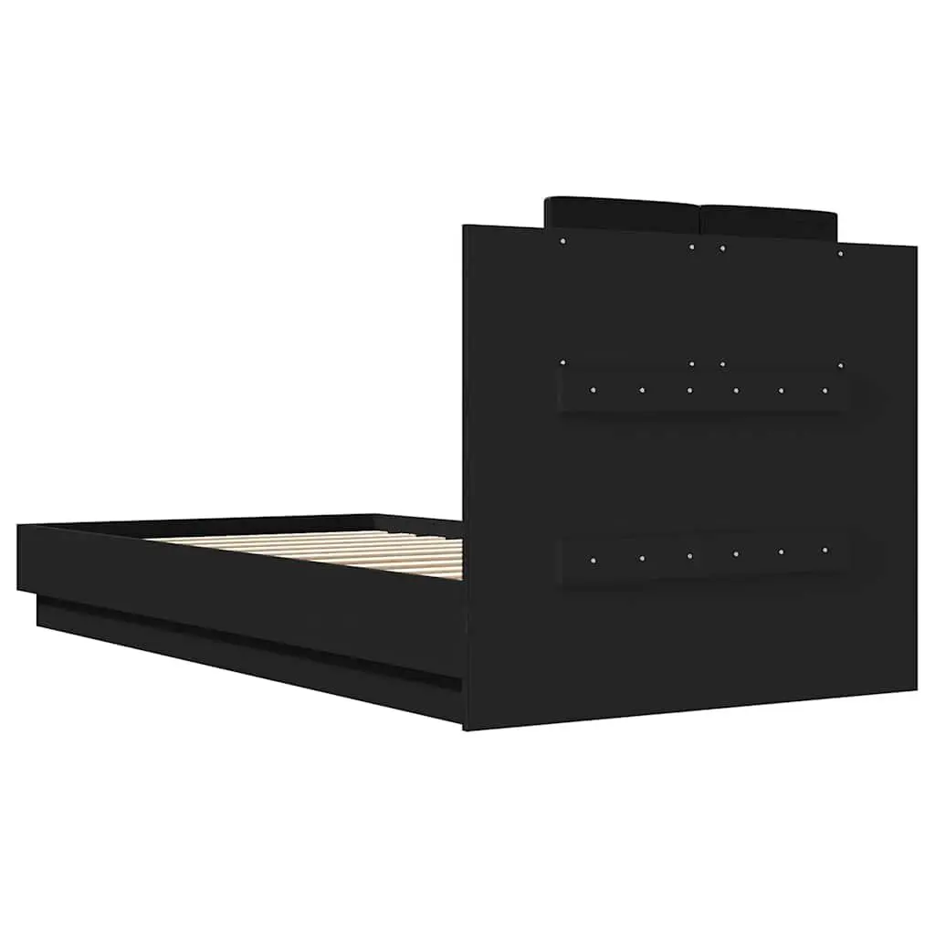Bed Frame Engineered Wood 90x190 cm Black with Headboard and Slatted Base