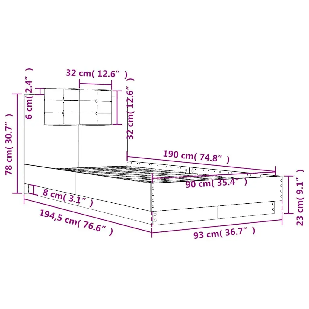 Bed Frame Engineered Wood 90x190 cm Black with Headboard and Slatted Base