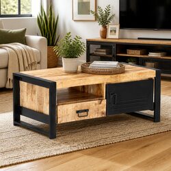 Coffee Table 100x50x40cm with Storage Door Drawer Shelf Industrial Living Room