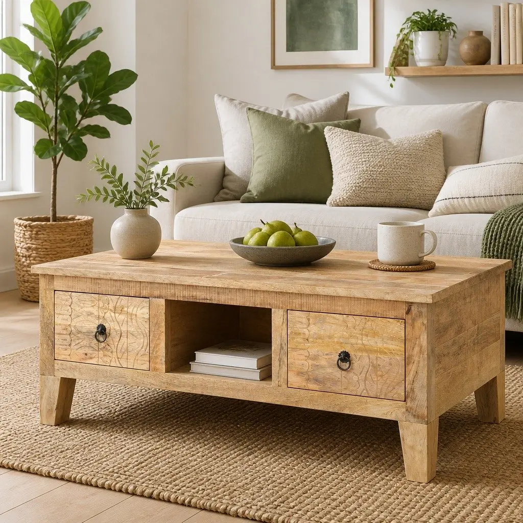 Coffee Table Solid Rough Mango Wood 100x55x40 cm Brown with Drawers Storage Compartment