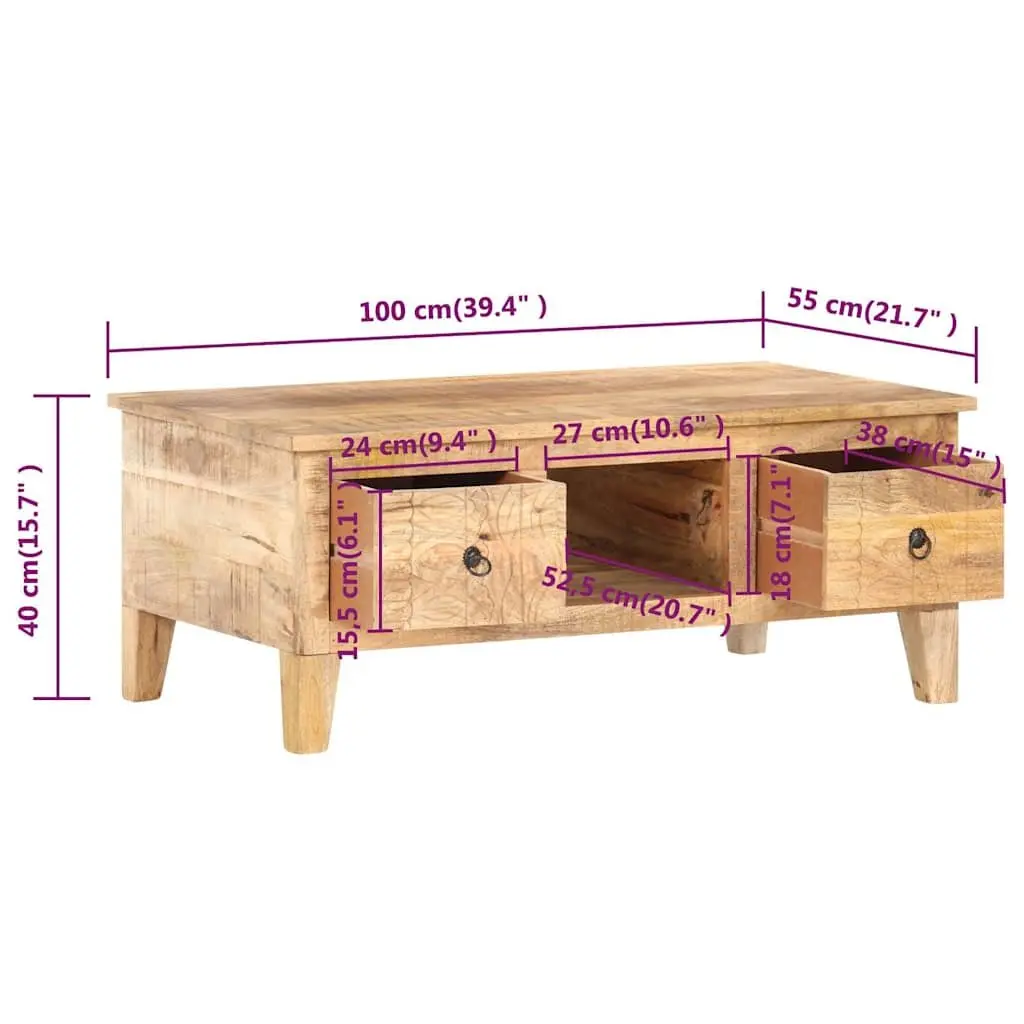 Coffee Table Solid Rough Mango Wood 100x55x40 cm Brown with Drawers Storage Compartment