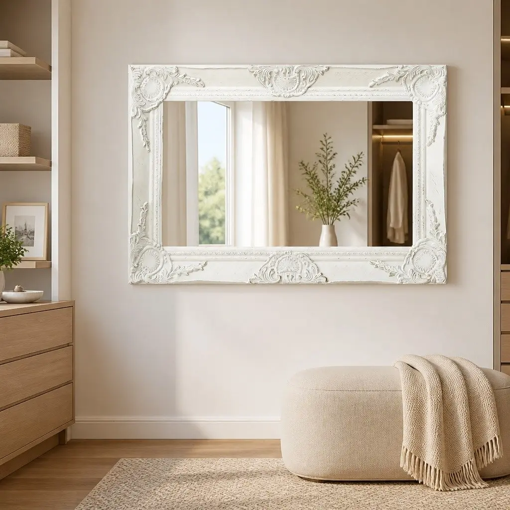 Wall Mirror Baroque Style Wood 60x40 cm White Ornate Frame