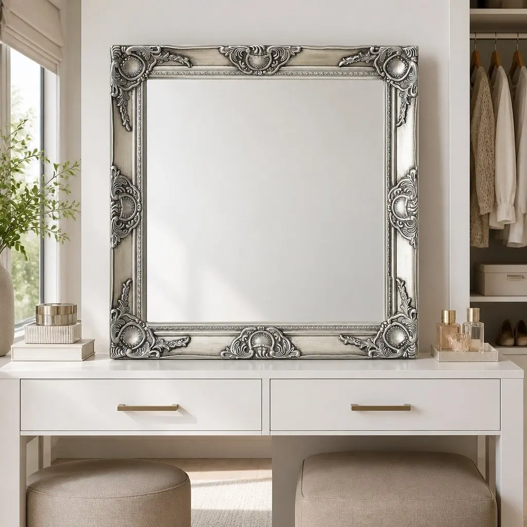 Baroque Silver Frame Wall Mirror 60x60 cm