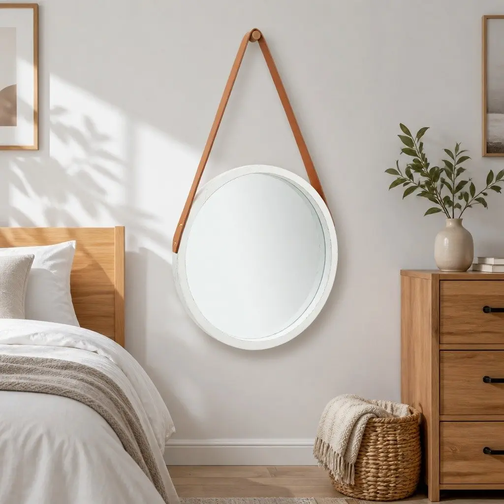 40cm Round Mirror White Wooden Frame Adjustable Strap Retro Style