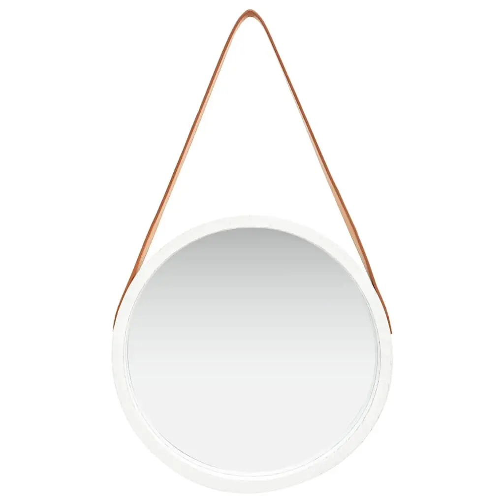 40cm Round Mirror White Wooden Frame Adjustable Strap Retro Style
