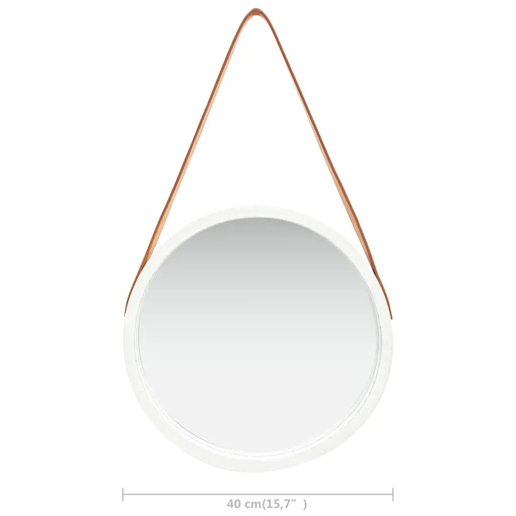 40cm Round Mirror White Wooden Frame Adjustable Strap Retro Style