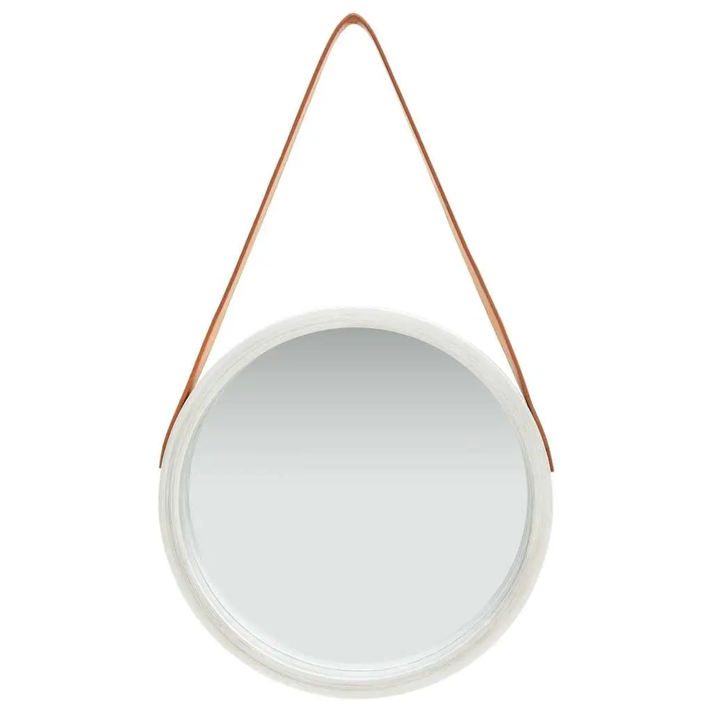 40cm Round Mirror Silver Natural Wood Frame Adjustable Strap Modern Retro Home Décor