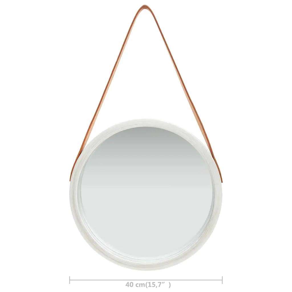 40cm Round Mirror Silver Natural Wood Frame Adjustable Strap Modern Retro Home Décor