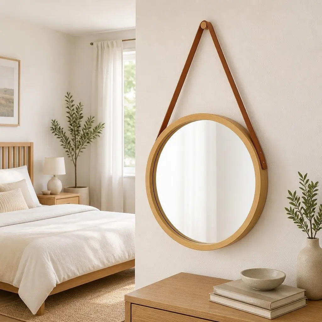 Round Mirror Natural Paulownia Wood 50cm Gold Frame