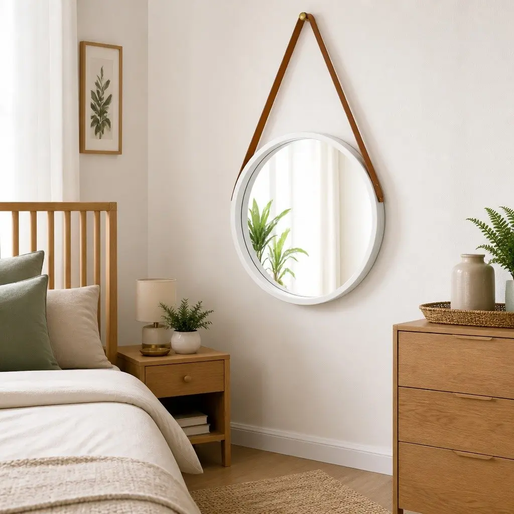 50cmSilverRoundMirrorRetroStyleAdjustableFauxLeatherStrapNaturalPaulowniaWoodFrameModernHangingHomeDecor