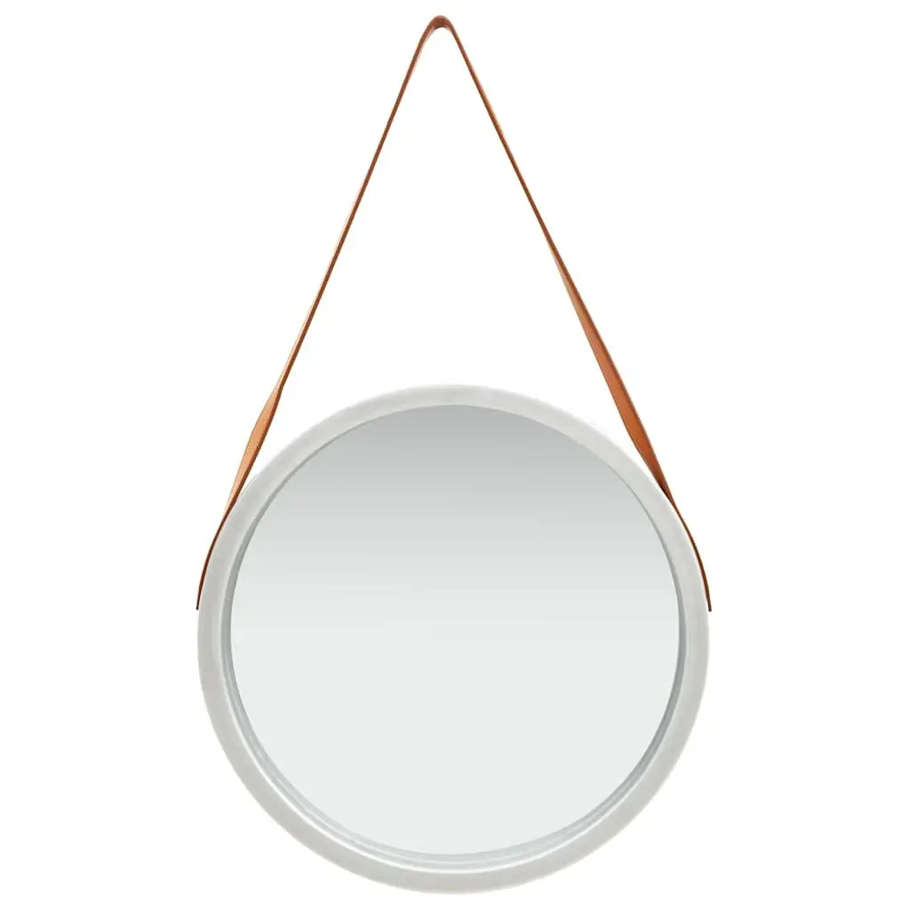 50cmSilverRoundMirrorRetroStyleAdjustableFauxLeatherStrapNaturalPaulowniaWoodFrameModernHangingHomeDecor