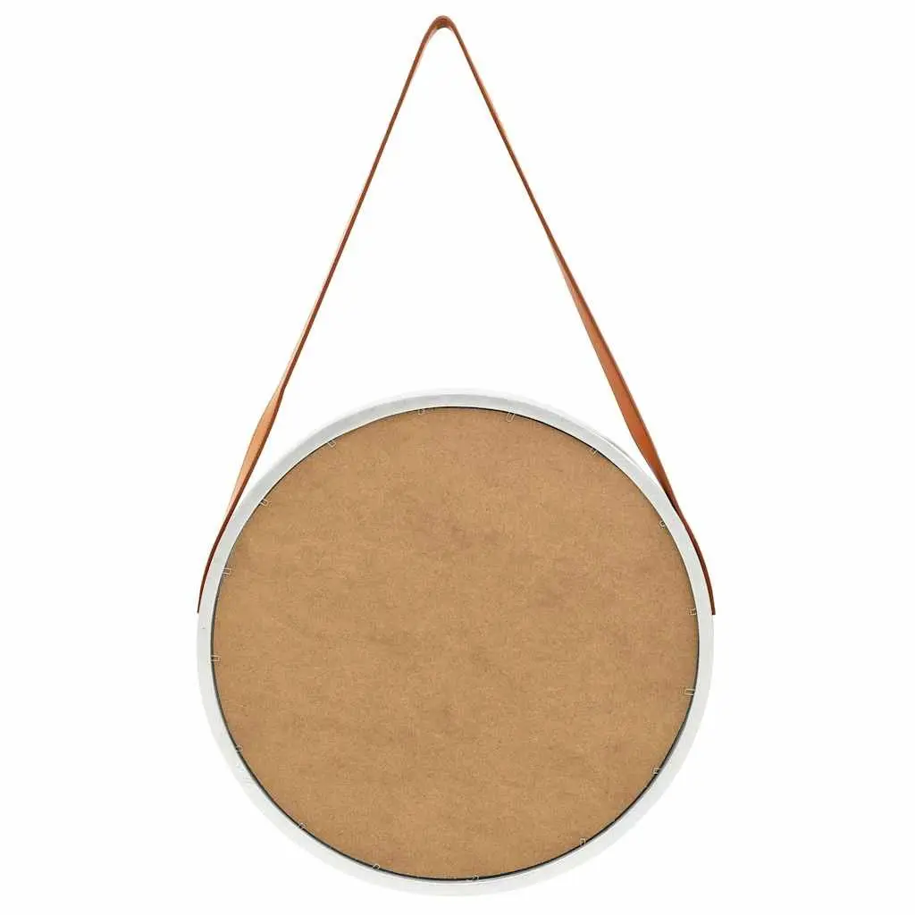 50cmSilverRoundMirrorRetroStyleAdjustableFauxLeatherStrapNaturalPaulowniaWoodFrameModernHangingHomeDecor
