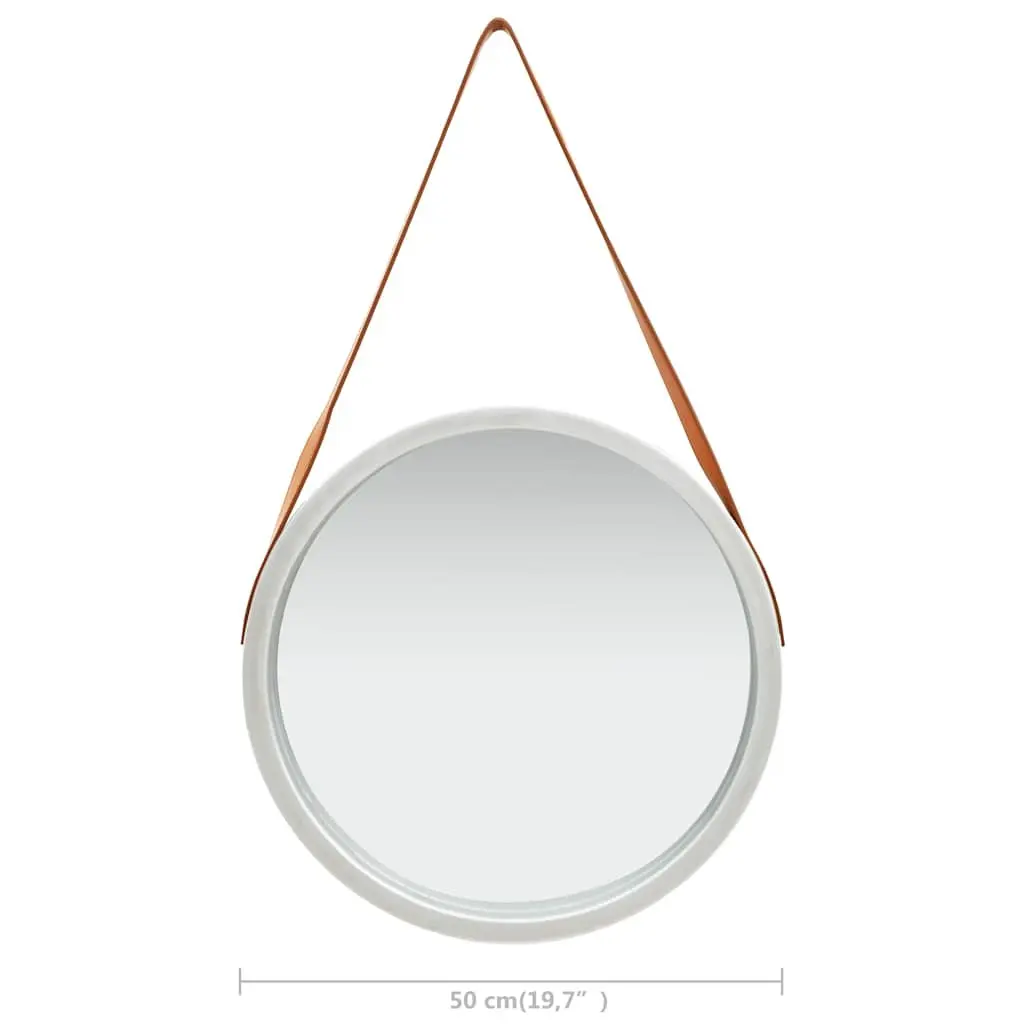 50cmSilverRoundMirrorRetroStyleAdjustableFauxLeatherStrapNaturalPaulowniaWoodFrameModernHangingHomeDecor