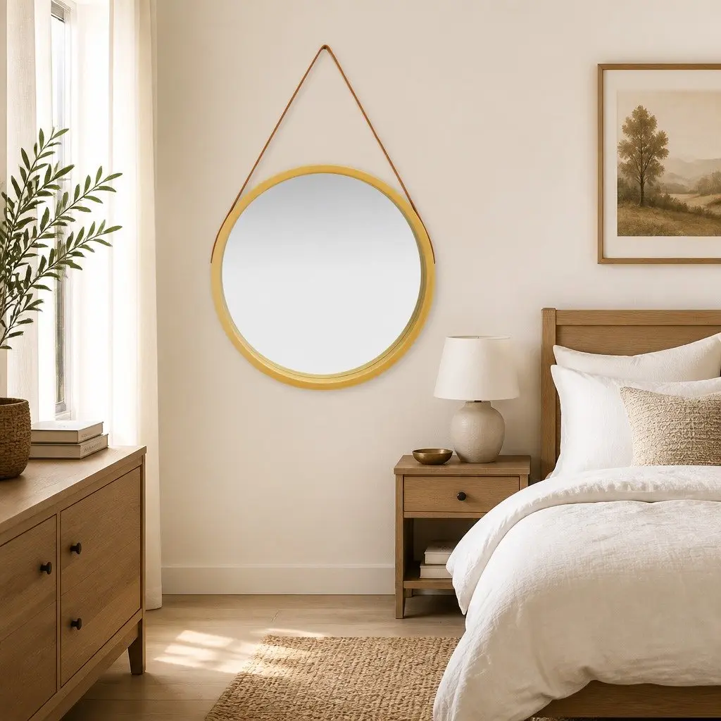 Round Wall Mirror Natural Wood Frame 60cm Gold Color