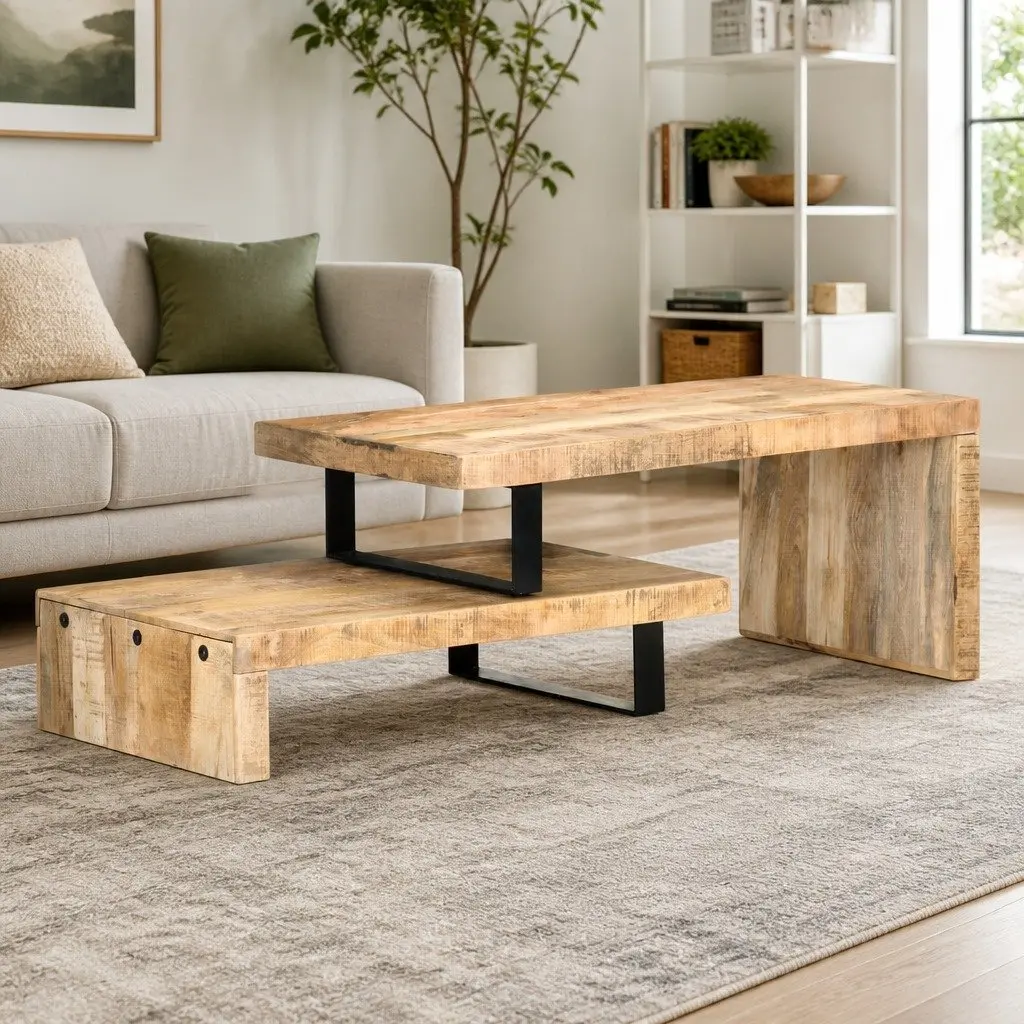 2 Piece Coffee Table Set Solid Mango Wood Brown Living Room Accent Furniture