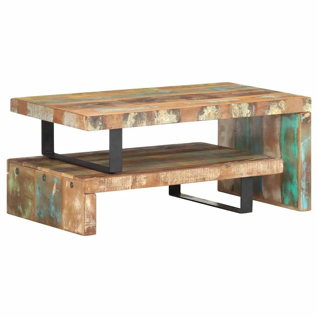 2 Piece Coffee Table Set Handmade Brown Solid Reclaimed Wood with Storage Shelf Iron Legs Living Room Furniture