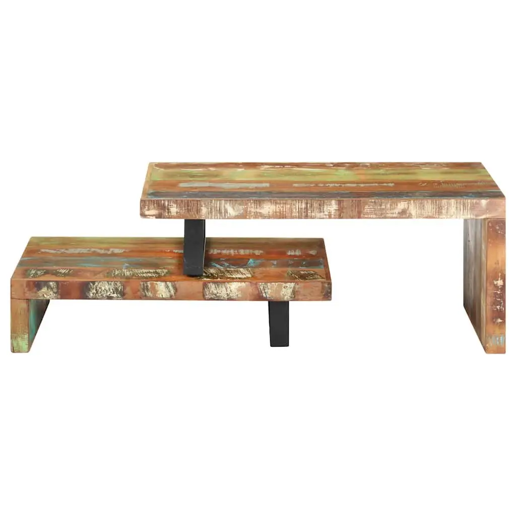 2 Piece Coffee Table Set Handmade Brown Solid Reclaimed Wood with Storage Shelf Iron Legs Living Room Furniture